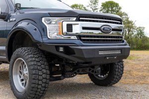 Ford F-150 Front Bumper - Rough Country - High Clearance, Skid Plate, LED Cubes and Light Bar - Flat Black - '18-'20 Ford F-150 Front Bumper - Rough Country - High Clearance, Skid Plate, LED Cubes and Light Bar - Flat Black - '18-'20